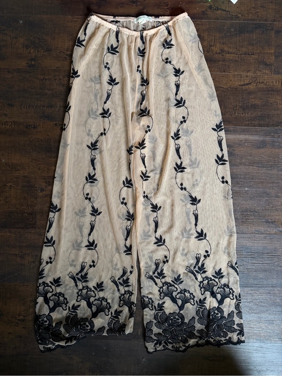 Pants - Beige Wide-Leg Embroidered Lace Pants with Black Floral Detail